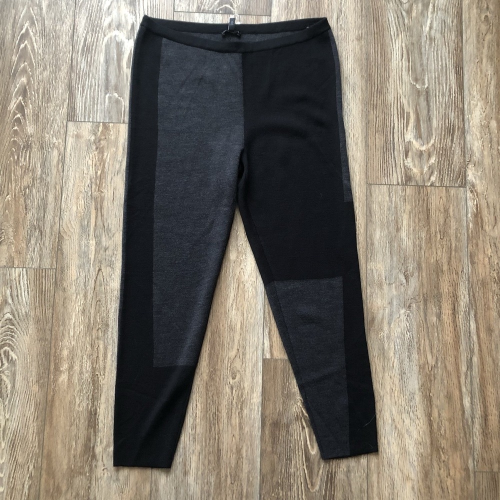 NWT Eileen Fisher L Merino Stretch Knit Colorblock Leggings Black Charcoal